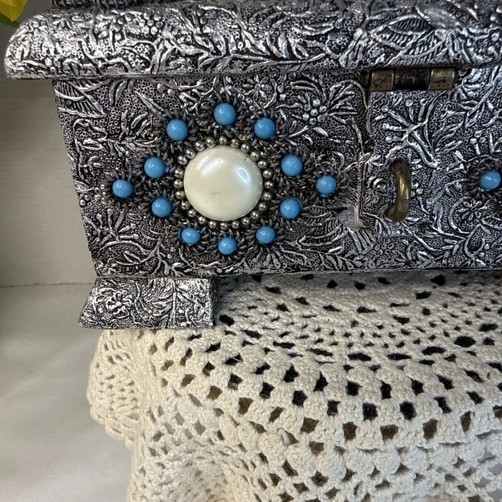 Vtg. 1970s Decorative Handmade Silver Tone Jewelry Box Turquoise Ruby Pearl Bead